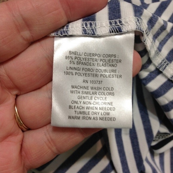 DONNA MORGAN Size 8 Navy Blue White Striped Off Shoulder Balloon Sleeve Dress - Picture 5 of 5